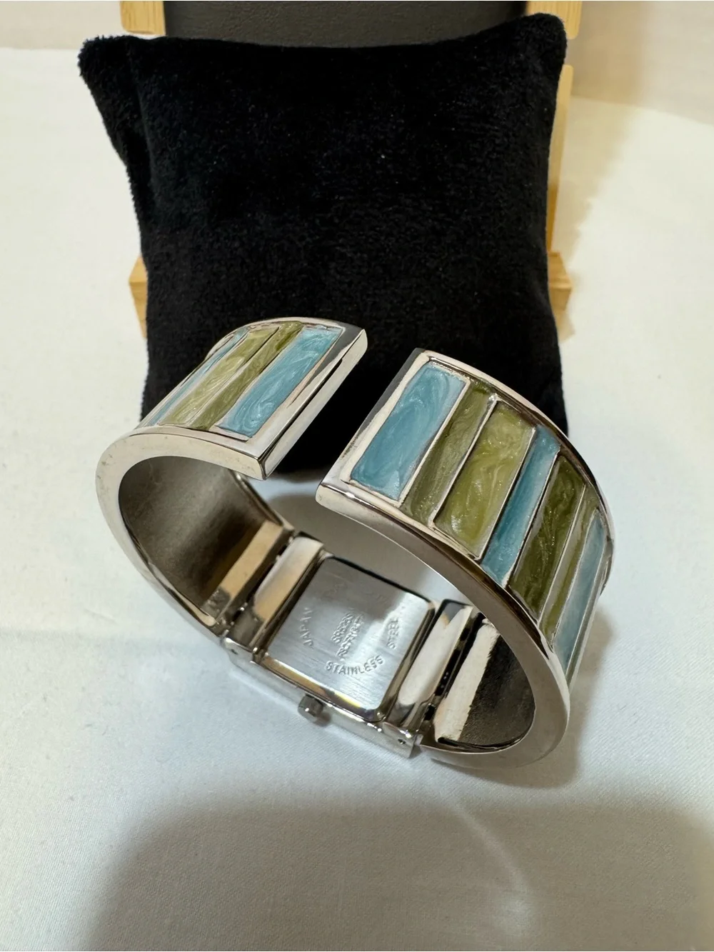 Avon Silver Tone Rectangular Face Watch with Green Accent Links